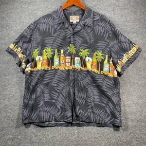 VTG Kalaheo Button Up Hawaiian Shirt Men's XL Black Floral Beer Bottle Allover